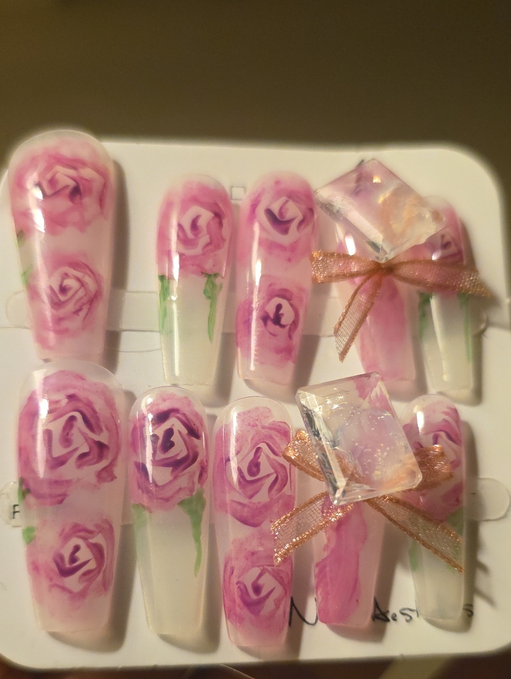Pink Floral Press-On Nail Set with Bow Accent Size Med